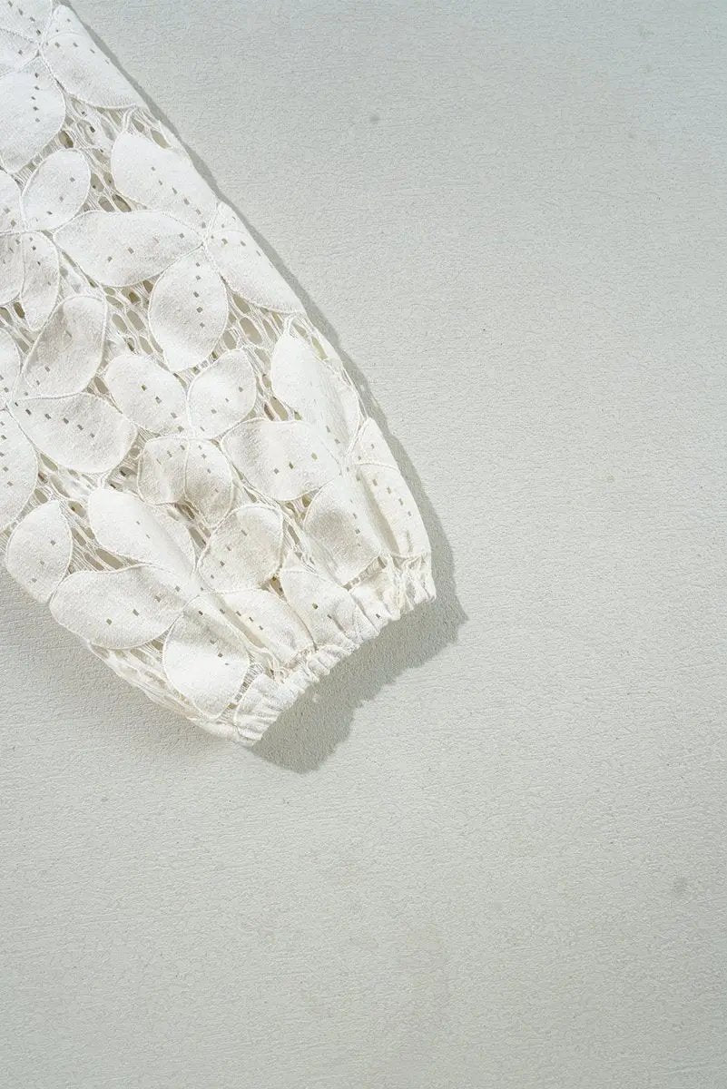 White Scalloped V Neckline Lace Hollowed Lantern Sleeve Blouse - Love Salve